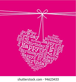 dangling heart over pink background, happy birthday. vector