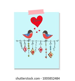 Dangling text "love" with hearts and couple of birds. Vector illustration doodle style.