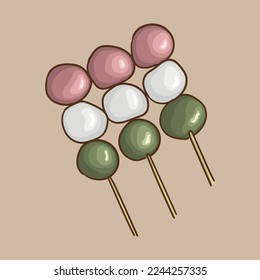 Dango-Kugeln mit Urin auf einem Stock. Traditionelles japanisches Gebäck