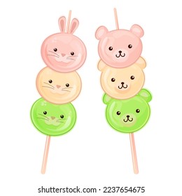 Oso y conejo de Dango. Cocina tradicional japonesa Sanshoku Dango. Dulces asiáticos de Kawaii. El hanami dango en forma de animal. Ilustración vectorial colorida aislada en fondo blanco.