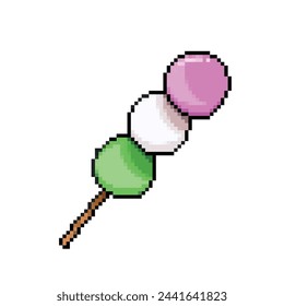 Dango colorful japanese rice flour dumplings on wooden stick. Pixel art retro vintage video game bit vector illustration. Simple flat drawing isolated on square white background.