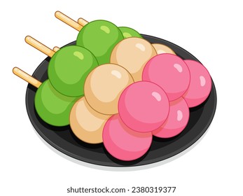 Dango-Nachtisch. Japanische Straßenkarte für Speisen, Vektorgrafik. Japanische Desserts Dango (Hanami, Mitarashi, Bocchan) Hanami Dango. Kautschige, süße, aromatisierte Reisbälle. Dango Reisknödel schneidet.