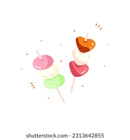 Dango in flat style isolated. Japanese food. Hanami Dango. Dessert with 3 different colors. Cooking, menu, sweet food, dessert concept.