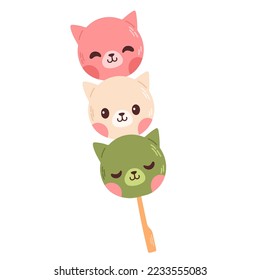 Dango Japanese dessert in form of cat isolated on white. Hanami Dango dessert with 3 colors pink, white and green. 