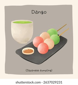 Dango japanese dumpling illustration watercolor. Traditional japan sweet snack made from rice flour vector hand drawn for menu, restaurant, poster, banner