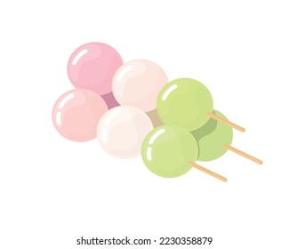 Dango japanese sweet dumpling dessert. Pink, white, green 3 balls served on skewer. Asian food. Vector illustration, flat style isolated on white background.