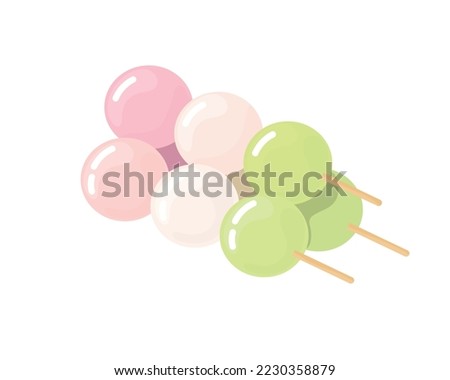 Dango japanese sweet dumpling dessert. Pink, white, green 3 balls served on skewer. Asian food. Vector illustration, flat style isolated on white background.