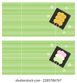 Dango on a black square plate on a green bamboo mat with sakura flowers. Background with traditional Japanese sweets on a stick and place for text. Rice dumplings, spring dessert in Japan. Vector set