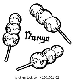 Dango on a stick. Balls of white rice in a sauce. Traditional dessert for festivals of Japanese cuisine. Vintage retro style. Isolated clipart set.