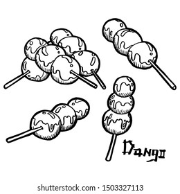 Dango on a stick. Balls of white rice in a sauce. Traditional dessert for festivals of Japanese cuisine. Vintage retro style. Isolated clipart set.