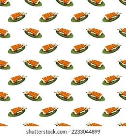 Dango pattern. Seamless pattern with Japanese sweetness dango, which lies on a banana leaf. Doodle cartoon illustration.