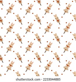 Dango pattern11. Cute seamless pattern with japanese sweet in the form of animal faces. Doodle color cartoon illustration.