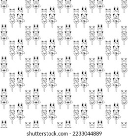 Dango pattern15. Cute seamless pattern with japanese sweet in the form of animal faces. Doodle black and white cartoon illustration.