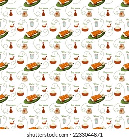 Dango pattern4. Seamless pattern with Japanese sweetness dango and ingredients for its preparation. Doodle cartoon illustration.