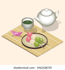 Dango. Set of Dango. Japanese Dango dessert with 3 different colors. Vector illustration