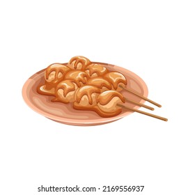 Dango, traditional Japan food vector illustration. Cartoon dumplings on sticks with syrup from soy sauce, sugar and starch, isolated rice balls of sweet mitarashi dango on plate, Japanese cuisine