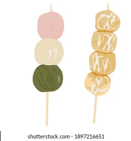 Dango vector stock illustration. Mochi balls, kinako flour. Japanese sweets, Kusa-dango (a rice-flour). Close up of a delicious dango (Japanese dumplings) skewer, food. Isolated on a white background.
