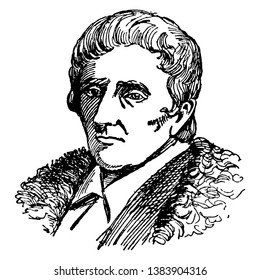 Daniel Boone, 1734-1820, he was an American pioneer, explorer, frontiersman and one of the first folk heroes of the United States, famous for his exploration and settlement, vintage line drawing