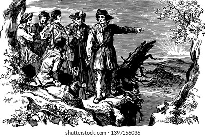 Daniel Boone with soldiers first reached Kentucky in the fall of 1767 vintage line drawing or engraving illustration