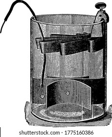 Célula Daniel, patrón "crowfoot", con zinc y cobre como elementos, sulfato de cobre y ácido sulfúrico diluido como soluciones, dibujo vintage de líneas o ilustración de grabado.