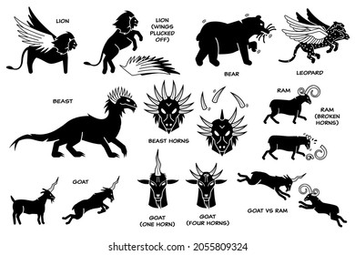 Daniel dream vision on The Four Beasts, The Ram, He-Goat, and Horn. Vector illustration depicts Daniel dream vision of lion with eagle wings, bear, winged leopard, ten horns beast, ram and goat.