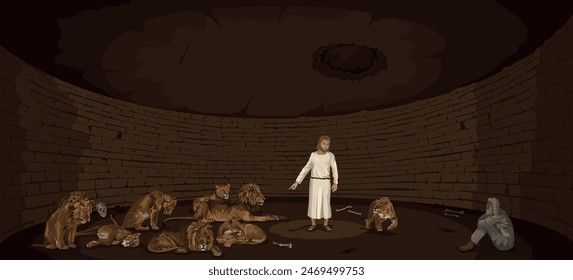 Daniel huddled in lions' den as angel keeps shut the lions' mouths so they do not hurt him.  Bible image depicting Daniel 6.