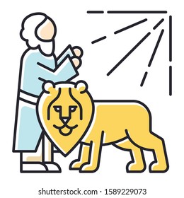 Daniel in lion den Bible story color icon. Legendary hero praying. Religious legend. Christian religion, holy Book of Daniel scene plot. Biblical narrative. Isolated vector illustration