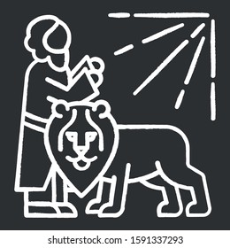 Daniel in lion den Bible story chalk icon. Legendary hero praying. Religious legend. Christian religion, holy Book of Daniel scene plot. Biblical narrative. Isolated vector chalkboard illustration