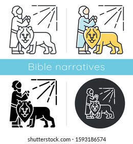 Daniel in lion den Bible story icon. Legendary hero praying. Religious legend. Christian religion. Biblical narrative. Glyph, chalk, linear and color styles. Isolated vector illustrations