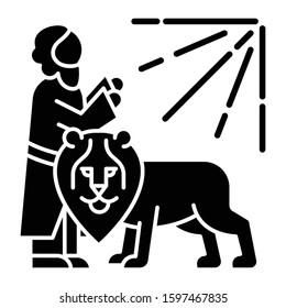 Daniel in lion den Bible story glyph icon. Legendary hero praying. Religious legend. Christian religion. Biblical narrative. Silhouette symbol. Negative space. Vector isolated illustration