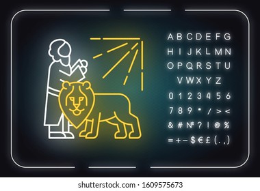 Daniel in lion den Bible story neon light icon. Legendary hero praying. Religious legend. Biblical narrative. Glowing sign with alphabet, numbers and symbols. Vector isolated illustration