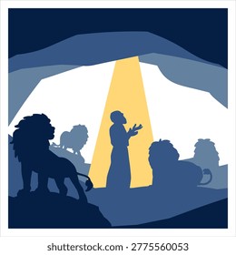 Daniel in the Lion Den Silhouette Vector Biblical Faith. Ideal for church materials, sermons, religious publications, and faith-based designs.