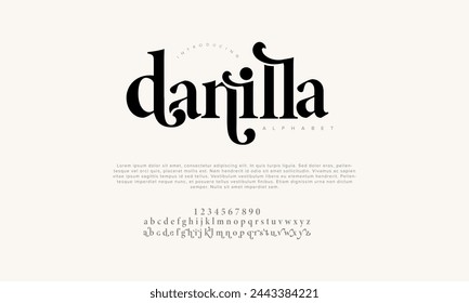 Danilla premium luxury elegant alphabet letters and numbers. Vintage wedding typography classic serif font decorative vintage retro. Creative vector illustration