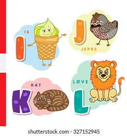 Danish alphabet. Ice cream, hazel grouse, cat, lion. Vector letters and characters.