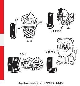 Danish alphabet. Ice cream, hazel grouse, cat, lion. Vector letters and characters.