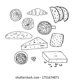 Danish breakfast set, vector illustration, coffee, rolls, croissant, bread, butter, cheese, jam, berries, hand drawing