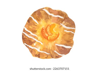 Danish bun with tangerines and icing. Vector hand drawn watercolor food pastry illustration for menu, cafe. Isolated on white background.