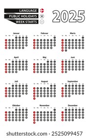 Danish calendar 2025 with numbers in circles, week starts on Sunday. 2025 with flag of Denmark  Vector illustration.