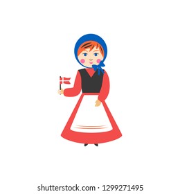 Danish cartoon cute kid girl in traditional suit with flag vector illustration isolated on white, decorative flat symbol of Denmark, Nordic scandinavian clothing sign, travel icon for web design