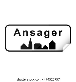 Danish city sign sticker ansager with curly corner.