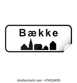 Danish city sign sticker Baekke with curly corner.