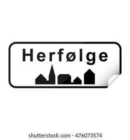 Danish city sign sticker herfoelge with curly corner.