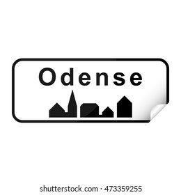 Danish city sign sticker Odense with curly corner.