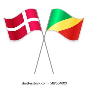 Danish and Congolese crossed flags. Denmark combined with Republic of the Congo isolated on white. Language learning, international business or travel concept.
