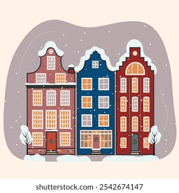 A Danish cottages , illustration of three snow covered houses, illustration of three charming houses in the snow