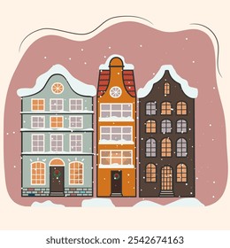 A Danish cottages , illustration of three snowcovered houses