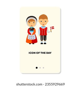 Danish couple in national costumes flat vector icon. Northern Europe traditional clothes and flags isolated vector illustration. History, ethnicity, tradition concept for web design and apps