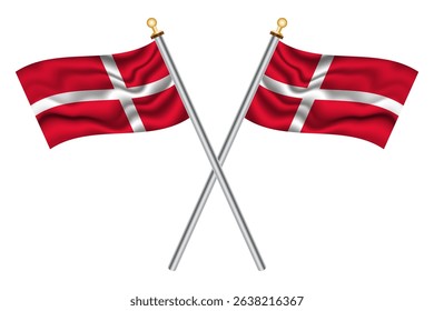Danish crossed flags isolated on a white background, vector illustration. Two crossed national flags of Denmark.