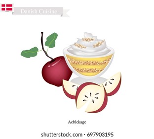 Danish Cuisine, Aeblekage or Traditional Apple Cake Made of Stewed Apple and Cookie Crumbs or Bread Crumbs and Crushed Makroner Topped with Whipped Cream. One of The Most Popular Dessert in Denmark.
