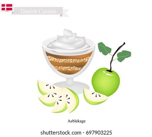 Danish Cuisine, Aeblekage or Traditional Apple Cake Made of Stewed Apple and Cookie Crumbs or Bread Crumbs and Crushed Makroner Topped with Whipped Cream. One of The Most Popular Dessert in Denmark.
